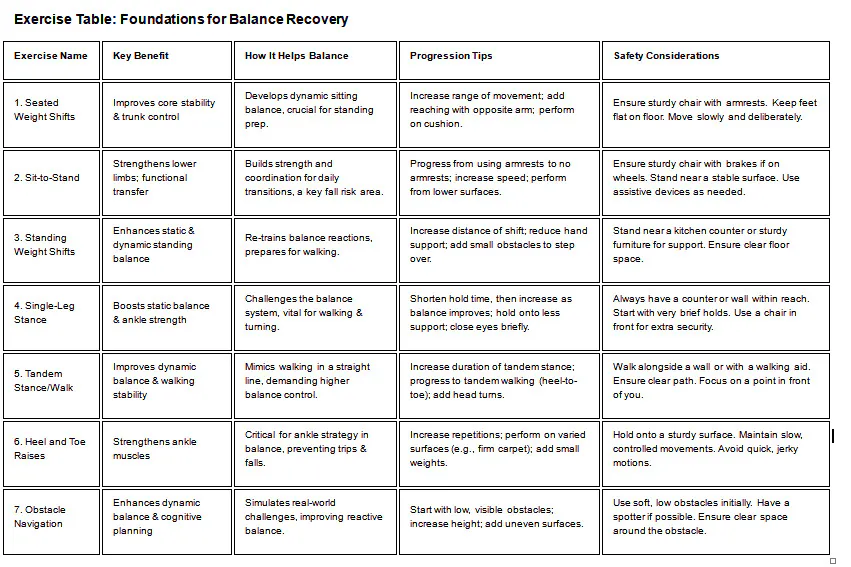 Exercise table: seven balance exercises with their benefits, progression tips and safety advice