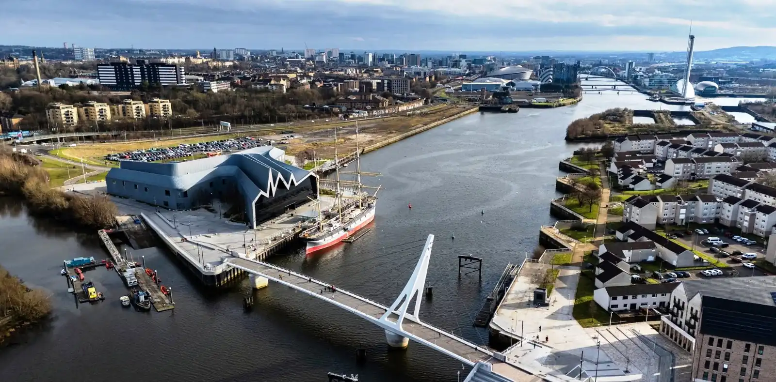 Aerial view of the Riverside Museum, the Glenlee tall ship and the River Clyde at Partick, Glasgow